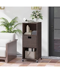 Costway Outdoor Storage Cabinet with Storage Shelves Drawer and Rolling Wheels for Porch