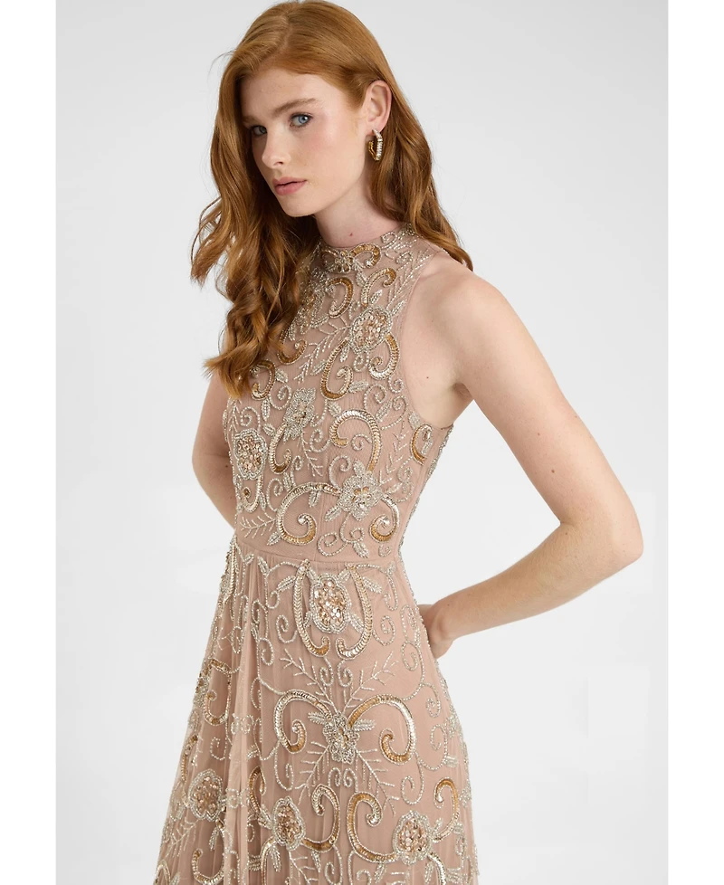 Beauut Women's Embellished Sequin Beaded Maxi Dress With High Neckline Sleeveless Design