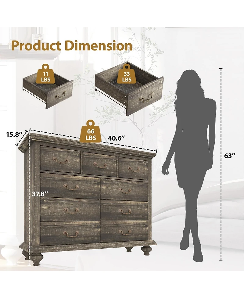 gaomon Dresser for Bedroom, Dressers & Chests of Drawers with 9 Wide Drawers, Tall Dresser with Ornately Carved Metal Handles