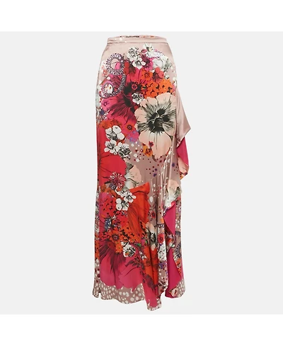 Pre-Owned Roberto Cavalli Women's Multicolor Floral Print Silk Ruffled Maxi Skirt
