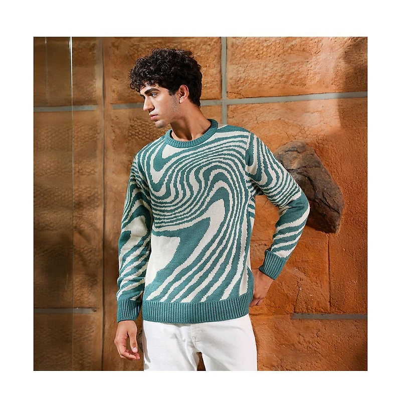 Campus Sutra Men's Emerald Green Fluid-Jacquard Knit Pullover Sweater