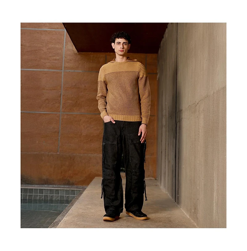 Campus Sutra Men's Hive-Jacquard Knit Hooded Sweater