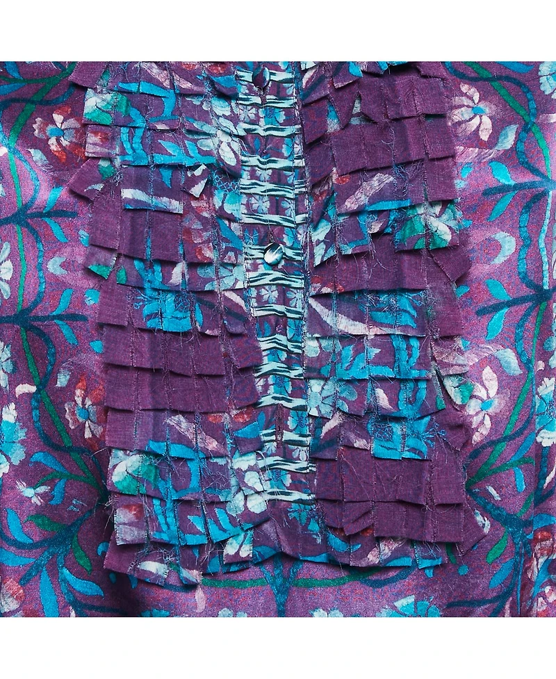 Pre-Owned Roberto Cavalli Women's Purple Floral Print Silk Ruffled Top