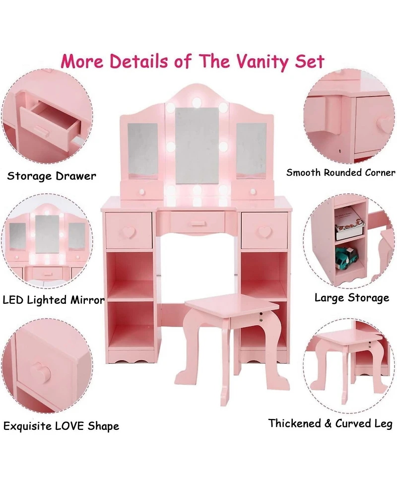 Gaomon 2-in-1 Wooden Kids Vanity Set,Tri-Fold Mirror, Stool & Drawer