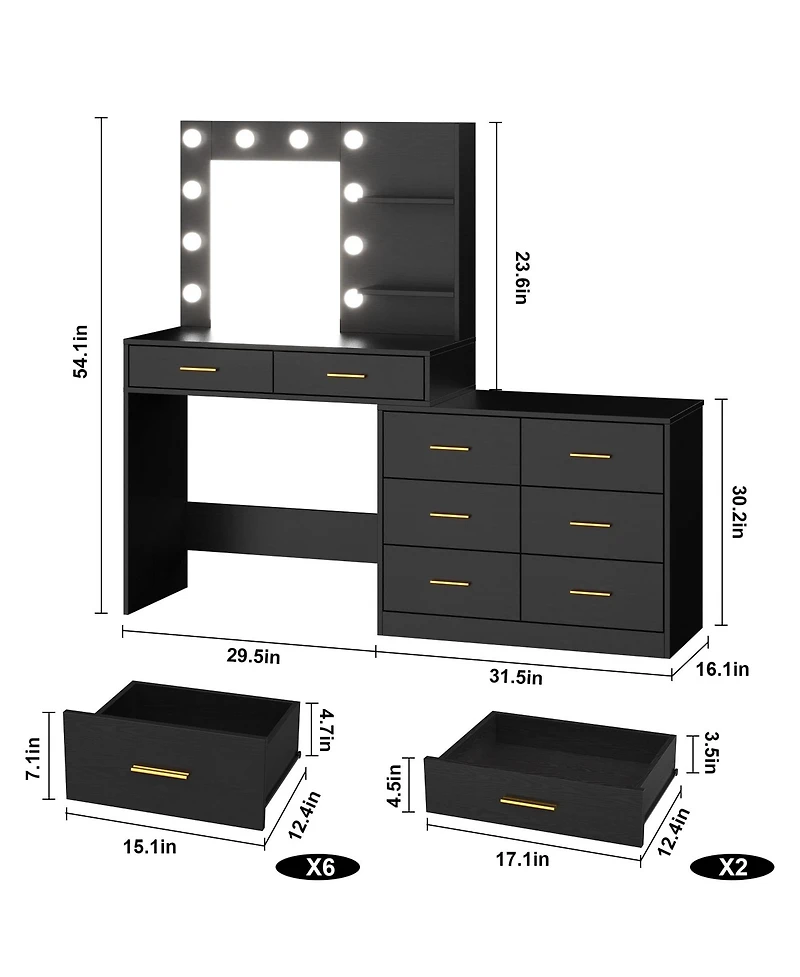 Gaomon 61" Make up Vanity Desk with Mirror and Lights, 3 Lighting Modes Vanity Organizer with Adjustable Brightness