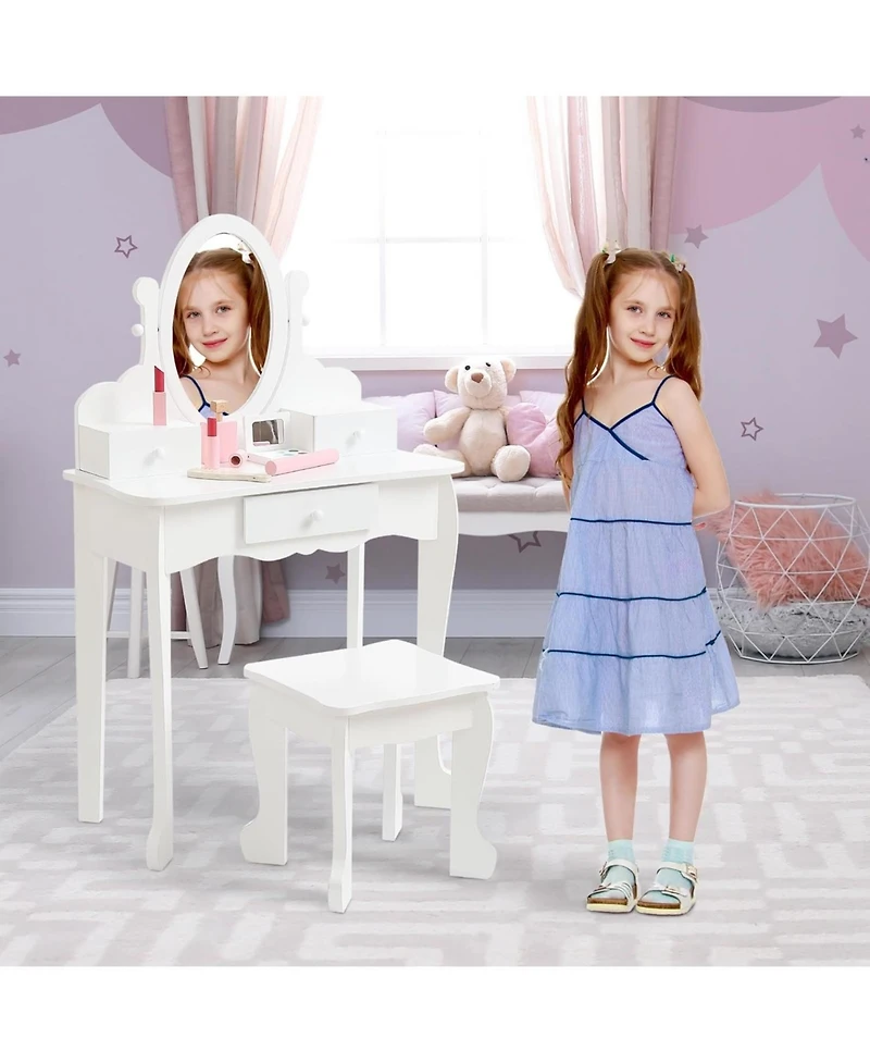 gaomon Adjustable Mirror Kids Vanity Set with Stool and Storage Drawers – Wooden Princess Makeup Dressing Table for Ages 4–9