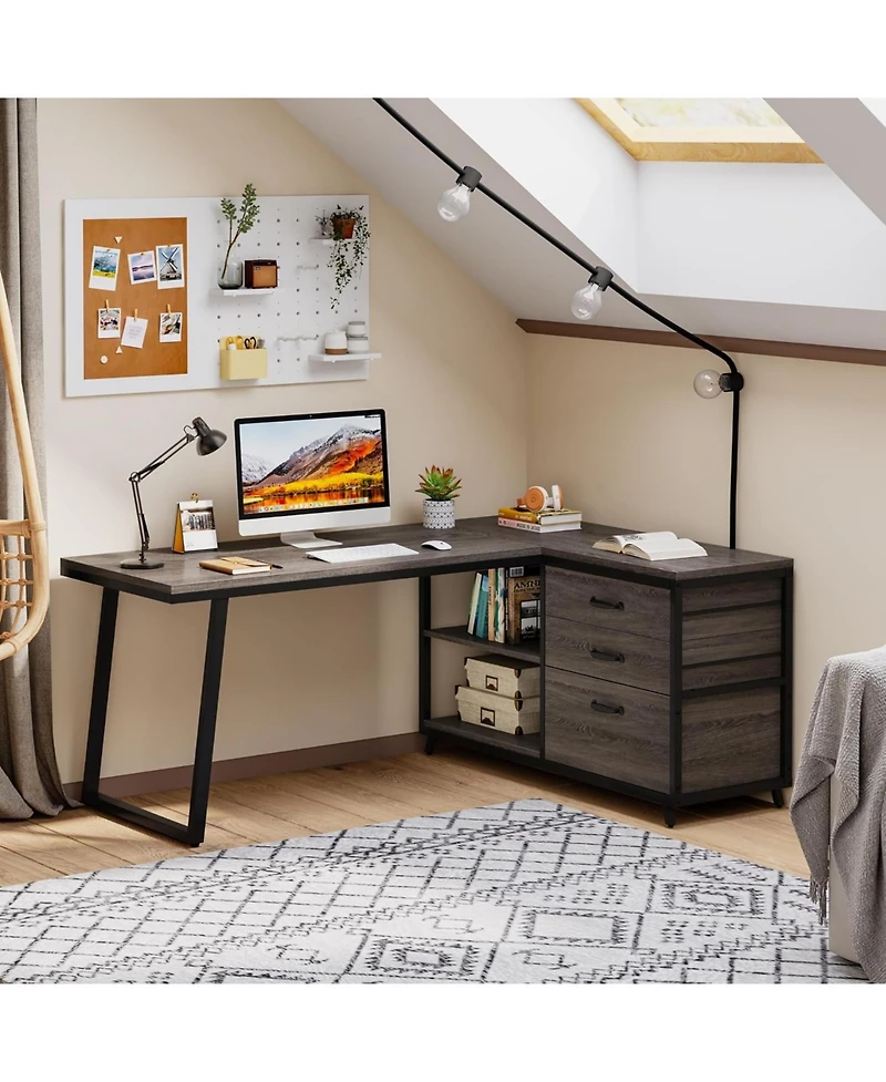 Tribesigns 53" W × 19.7" Wood L-Shaped Desk with 3 Drawers, Reversible Corner Home Office Computer Shelves