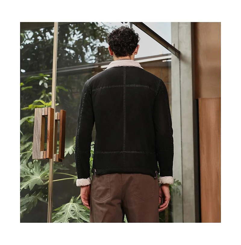 Campus Sutra Men's Midnight Black Contrast Sherpa-Lined Suede Rider Jacket