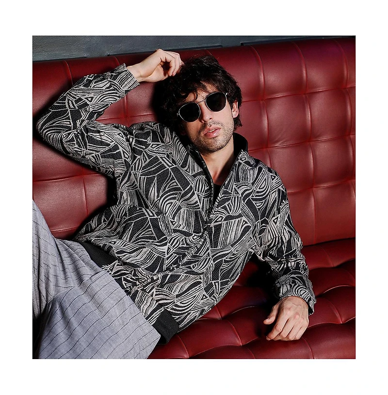 Campus Sutra Men's Midnight Black Stroke-Jacquard Bomber Jacket