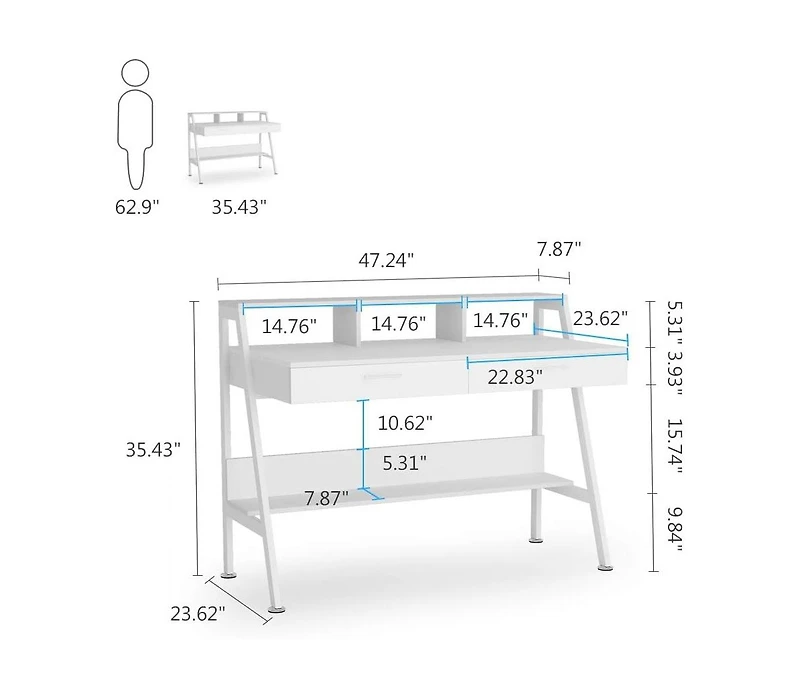 Tribesigns White Computer Desk with Storage Shelf & Drawers, Modern 47 inch Office Writing Desk Study Table with Monitor Stand
