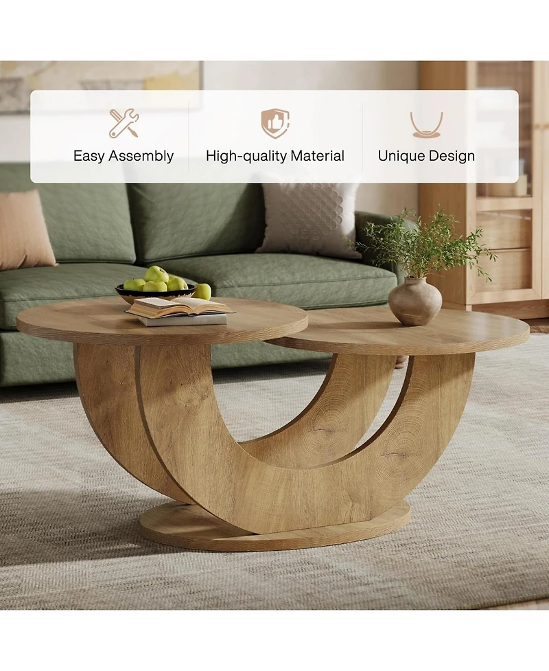Tribesigns Round Coffee Table, 2-Tier Farmhouse Coffee Table with U-Shaped Frame