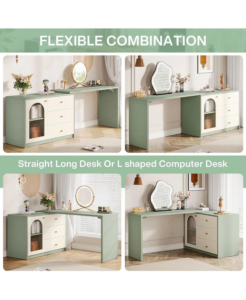 Tribesigns Retractable Makeup Vanity Desk with 3 Drawers & Cabinet, Corner Dressing Table for Bedroom, Walnut & White (No Mirror)