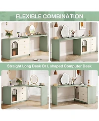 Tribesigns Retractable Makeup Vanity Desk with 3 Drawers & Cabinet, Corner Dressing Table for Bedroom, Walnut & White (No Mirror)