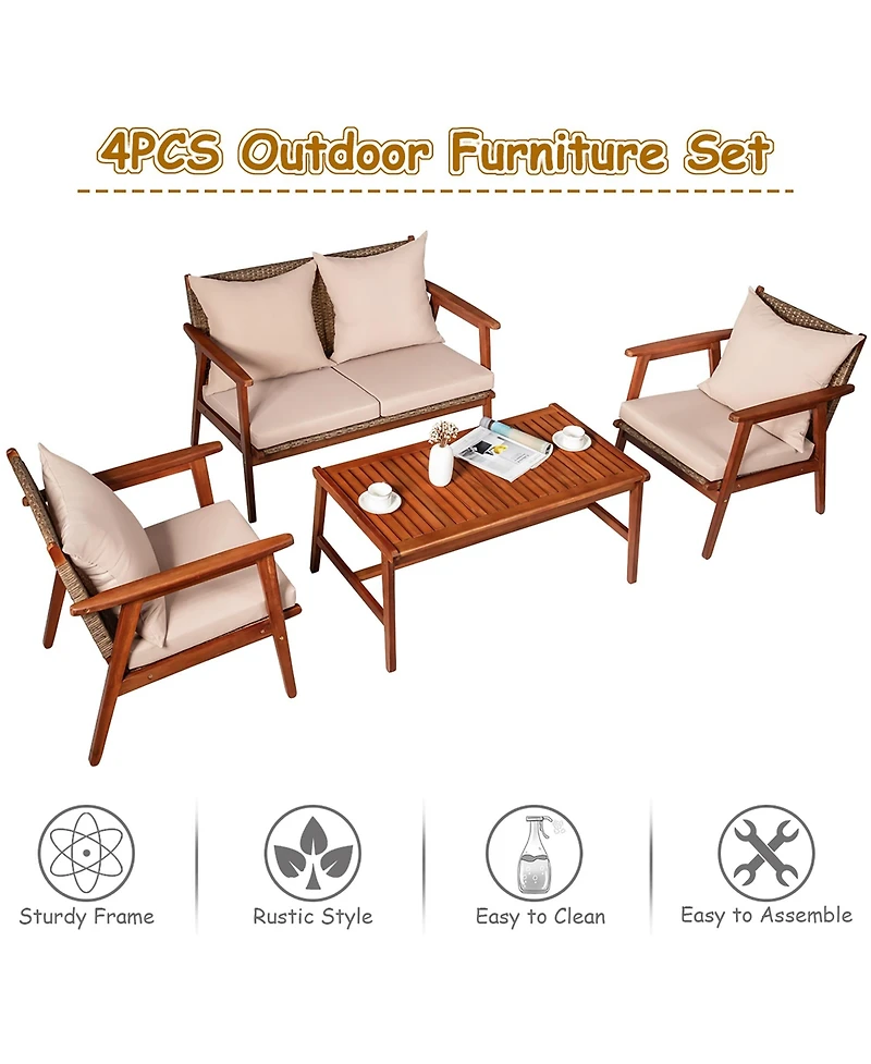 Costway 4PCS Outdoor Rattan Furniture Set Acacia Wood Table Cushioned Sofa Chair Garden
