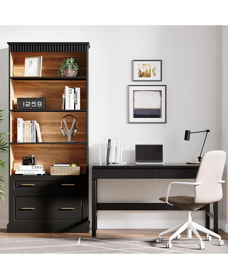 Tribesigns 5-Shelf Bookcase with File Cabinet Drawer Set of 2, 72" Tall Bookshelf, Modern Free-Standing Wood Bookcase, Large Open Display Storage Book