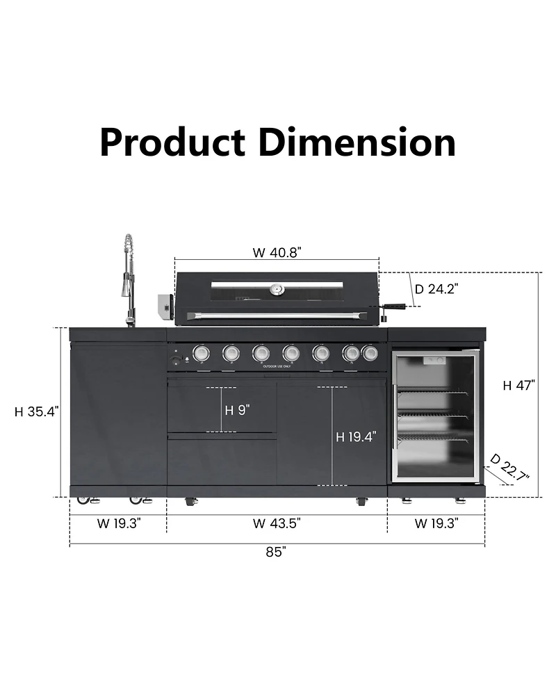 Mondawe 6-Burner Outdoor Kitchen Island Grill Set with Refrigerator, Sink & Granite Tops