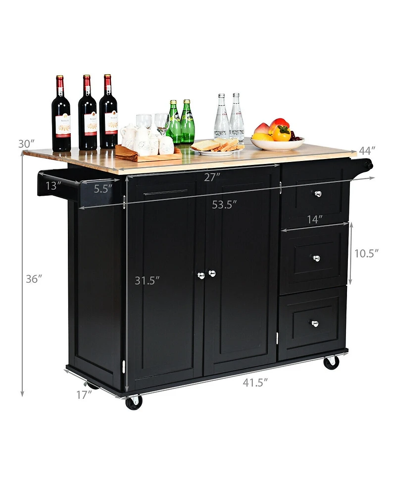 Gymax Drop-Leaf Kitchen Island Trolley Cart Wood Storage Cabinet w/ Spice Rack