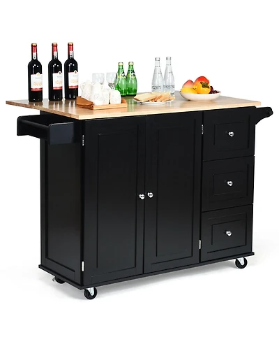 Gymax Drop-Leaf Kitchen Island Trolley Cart Wood Storage Cabinet w/ Spice Rack