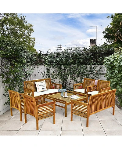 Costway 8 Pcs Outdoor Acacia Wood Sofa Furniture Set Cushioned Chair Coffee Table Garden
