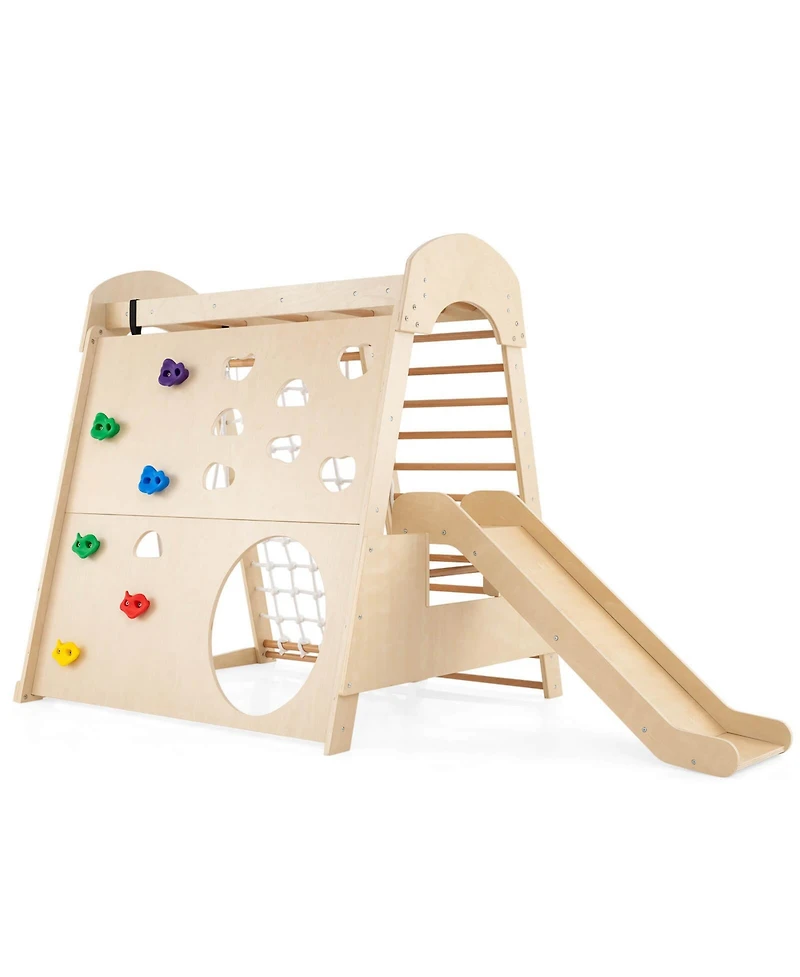 8-in-1 Indoor Jungle Gym Wooden Playground with Climbing Wall, Net, Ladder