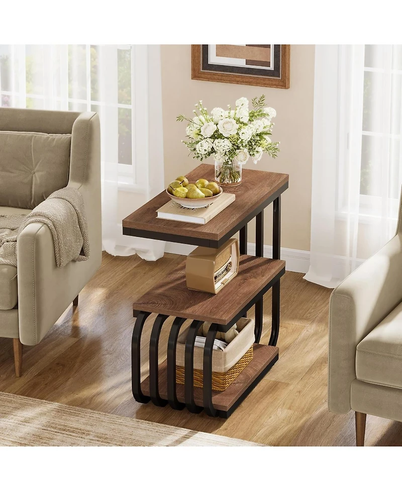 Tribesigns Small End Table, 3 Tier Design Accent Table with Metal Frame, Industrial Vintage Nightstand for Living Room, or Small Spaces (1, Brown)