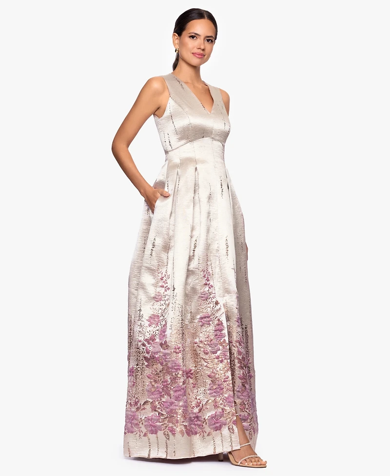 Betsy & Adam Women's Jacquard Pattern V-Neck Long Dress