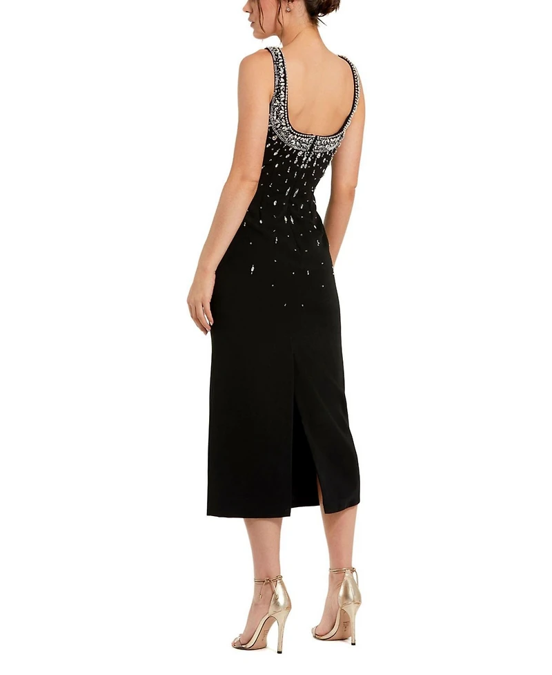Mac Duggal Women's Beaded Crepe Scoop Neck Sleeveless Midi Dress