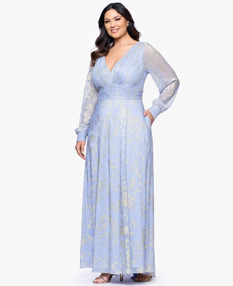 Betsy & Adam Plus V-Neck Foil Mesh A-Line Dress