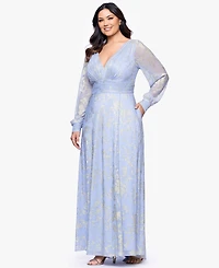 Betsy & Adam Plus V-Neck Foil Mesh A-Line Dress