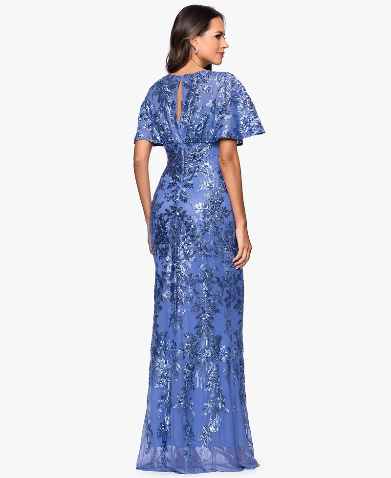 Betsy & Adam Petite Sequin Detail V-Neck Long Sheath Dress