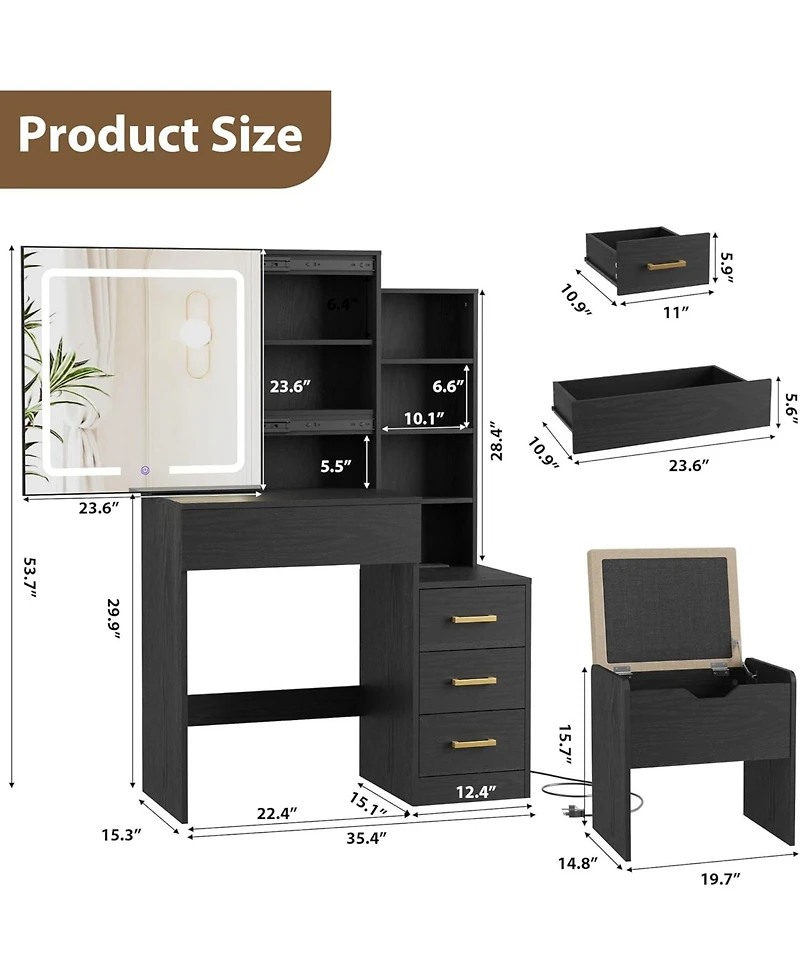 Gaomon Vanity Desk with Sliding Mirror & Lights, 4 Drawers, 7 Shelves, Charging Station, Stool Included, 3 Lighting Modes, Modern Makeup