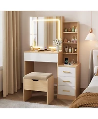 Gaomon Vanity Desk with Sliding Mirror & Lights, 4 Drawers, 7 Shelves, Charging Station, Stool Included, 3 Lighting Modes, Modern Makeup Vanity