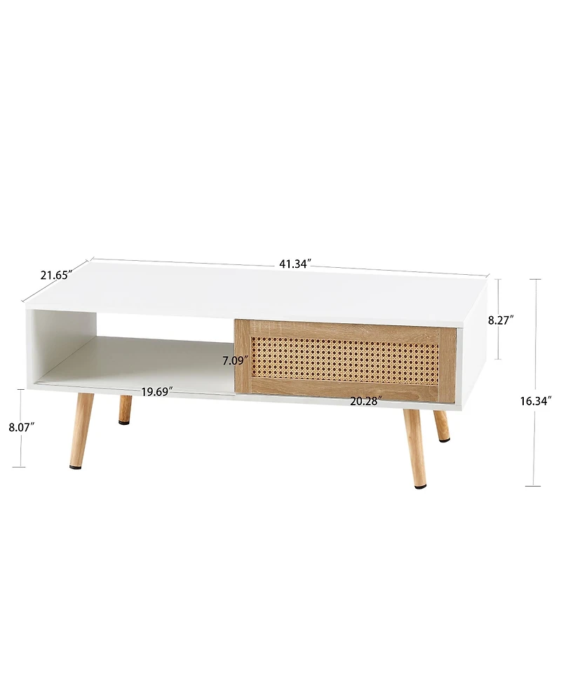 sumyeg Modern Rattan Coffee Table with Sliding Door Storage and Solid Wood Legs
