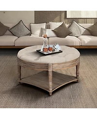 sumyeg Farmhouse Round Ottoman Coffee Table with 2-Tier Storage and Waterproof Linen
