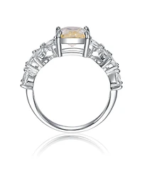 Sterling Silver Canary Yellow & White Cubic Zirconia Radiant Leaf Trellis Cluster Statement Ring