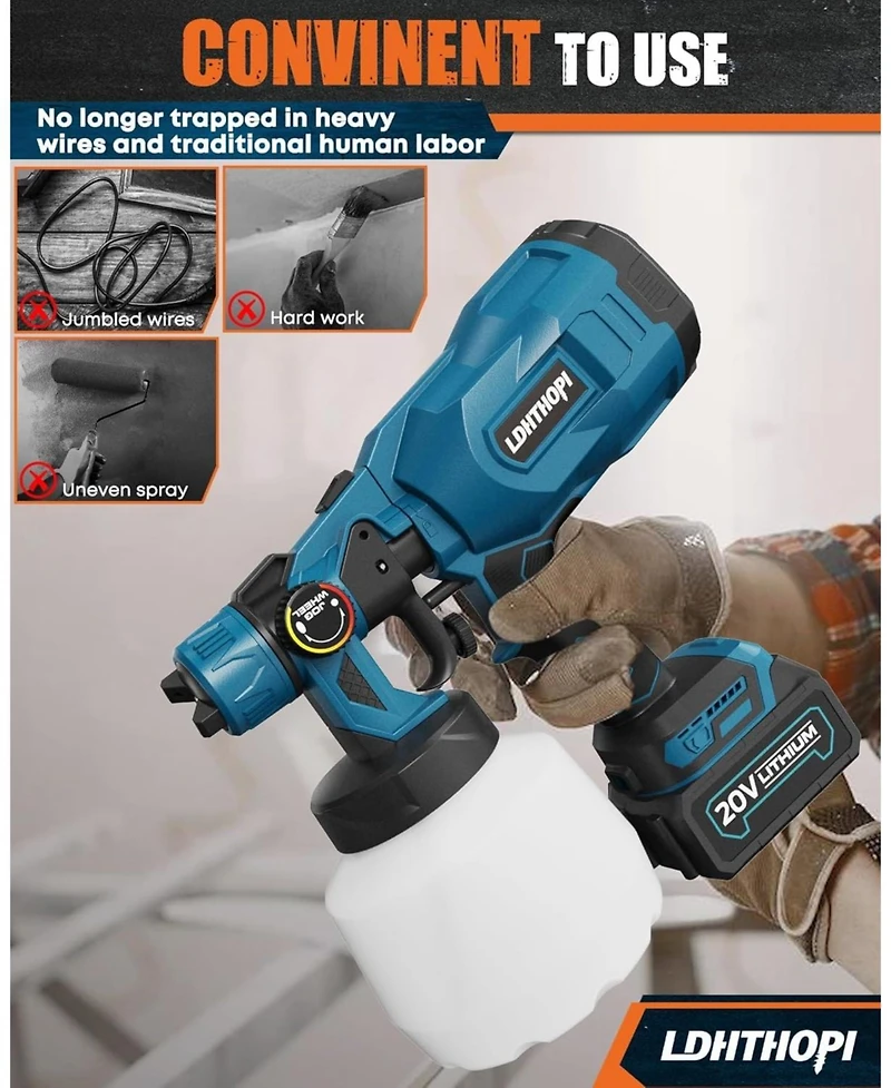 Ldhthopi Cordless Paint Sprayer 1000W with 2x4000mAh Batteries, 1200ml Container, 5 Copper Nozzles, Hvlp Technology for Home and Furniture Painting