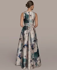 Donna Karan New York Women's Floral print short sleeve pleated A-line Ball Gown