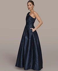 Donna Karan New York Women's One-Shoulder Metallic Jacquard A-Line Gown