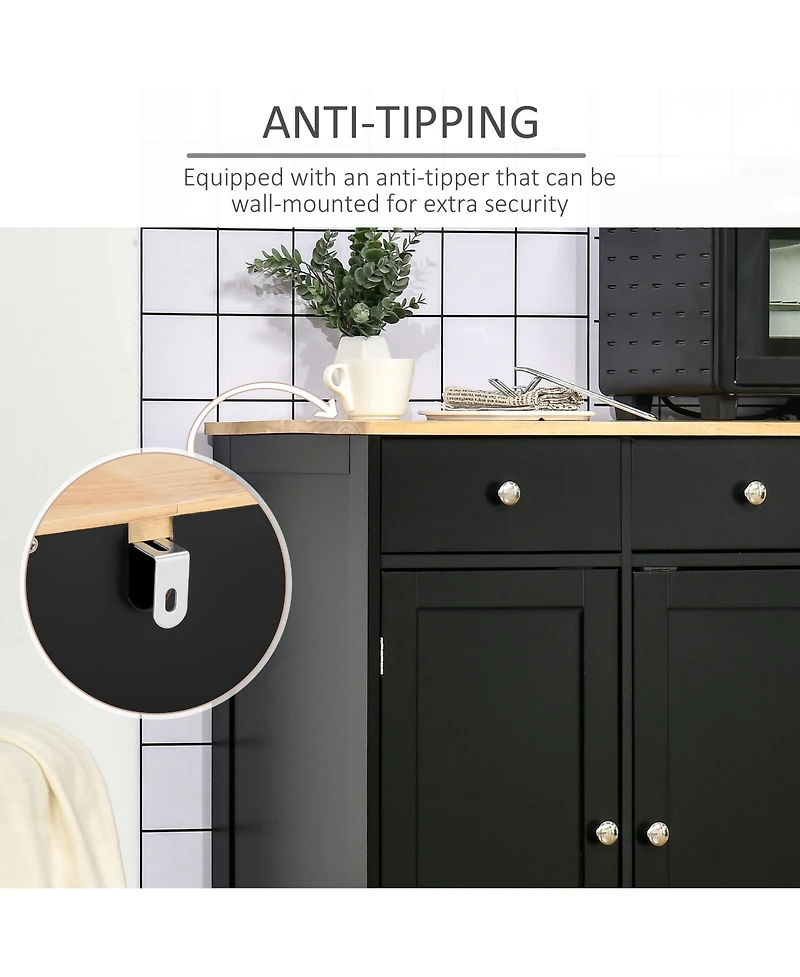 Homcom Modern Sideboard with Rubberwood Top, Buffet Cabinet with Storage Cabinets, Drawers and Adjustable Shelves for Living Room, Kitchen, Black