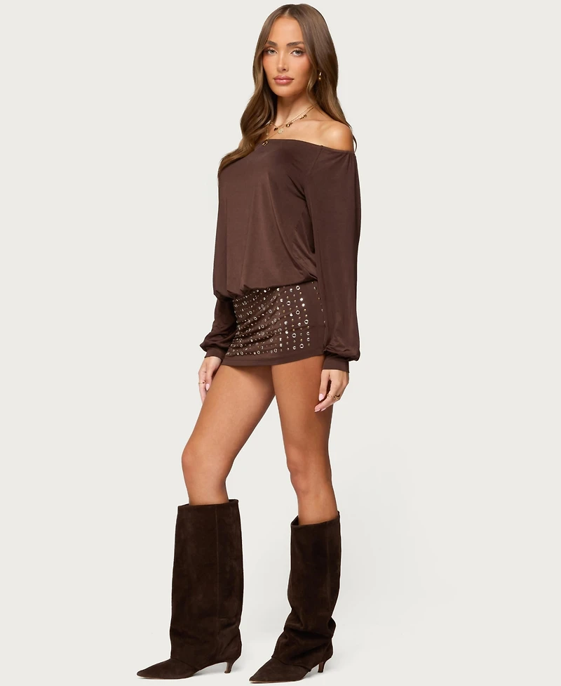 Edikted Women's Studded Off Shoulder Backless Romper