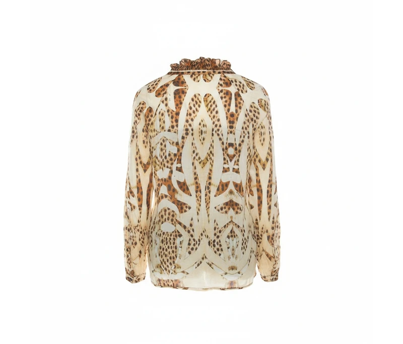 Pre-Owned Roberto Cavalli Women's Beige Leopard Printed Cotton Ruched Neckline Poet Blouse
