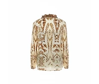Pre-Owned Roberto Cavalli Women's Beige Leopard Printed Cotton Ruched Neckline Poet Blouse