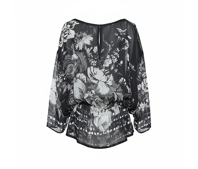Pre-Owned Roberto Cavalli Women's Black Floral Print Silk Sheer Kaftan Blouse