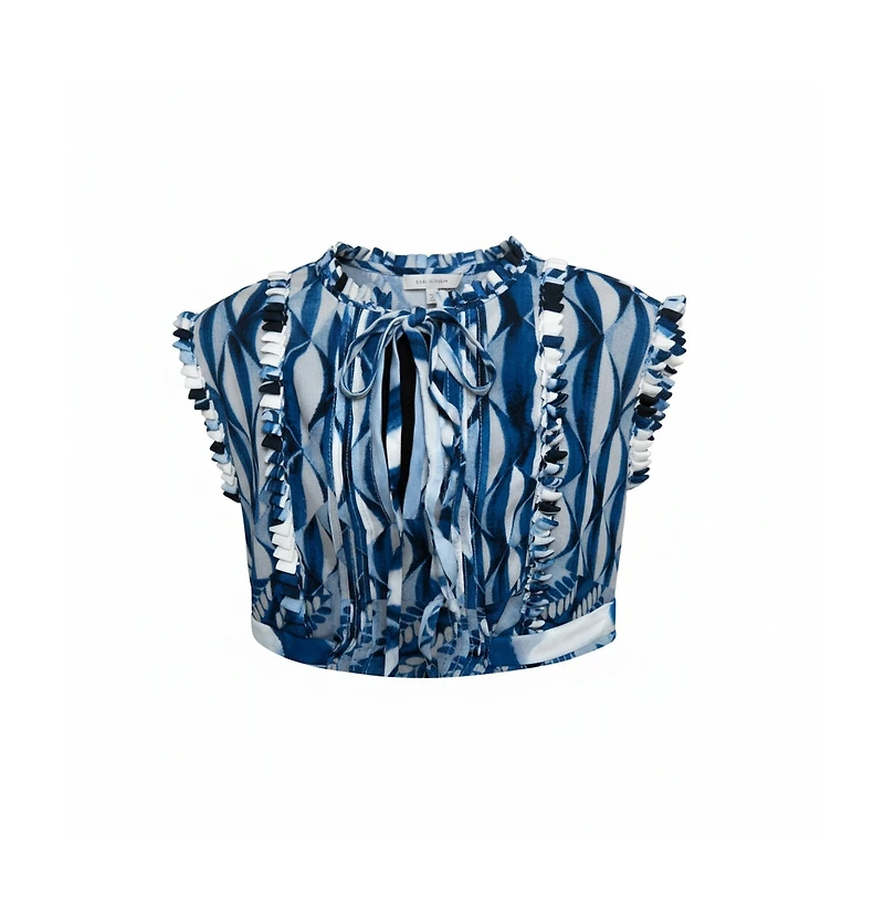 Pre-Owned Roberto Cavalli Women's Blue And White Deco Print Silk Tie Up Blouse