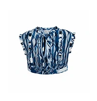 Pre-Owned Roberto Cavalli Women's Blue And White Deco Print Silk Tie Up Blouse