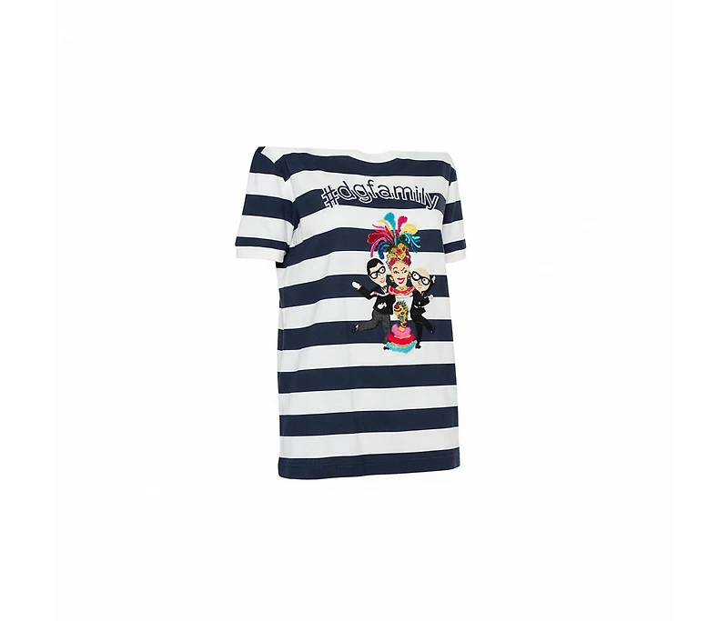 Pre-Owned Dolce & Gabbana Women's Striped Cotton Patch Detail Crewneck T-Shirt