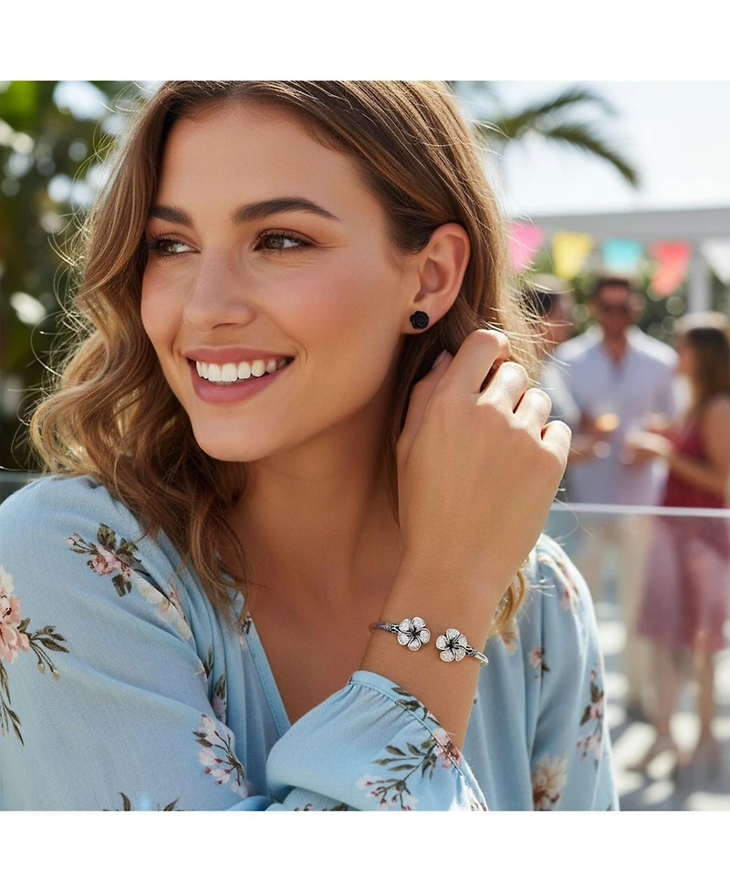 Bling Jewelry Romantic Bali-Inspired Plumeria Cuff Bracelet with Black Rose Floral Stud Earrings Jewelry Set Silver Plated