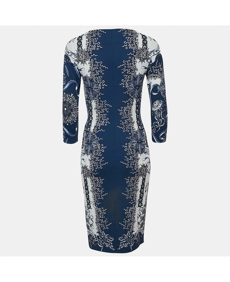Pre-Owned Roberto Cavalli Women's Blue Printed Jersey Brooch Detail Midi Dress