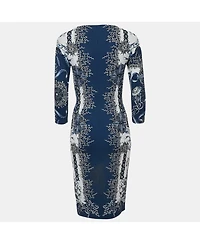 Pre-Owned Roberto Cavalli Women's Blue Printed Jersey Brooch Detail Midi Dress