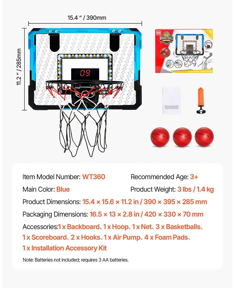 Mecale Kids Basketball Hoop, Over-the-Door Mini Basketball Goal with Electronic Scoreboard and Led Light for Ages 3+